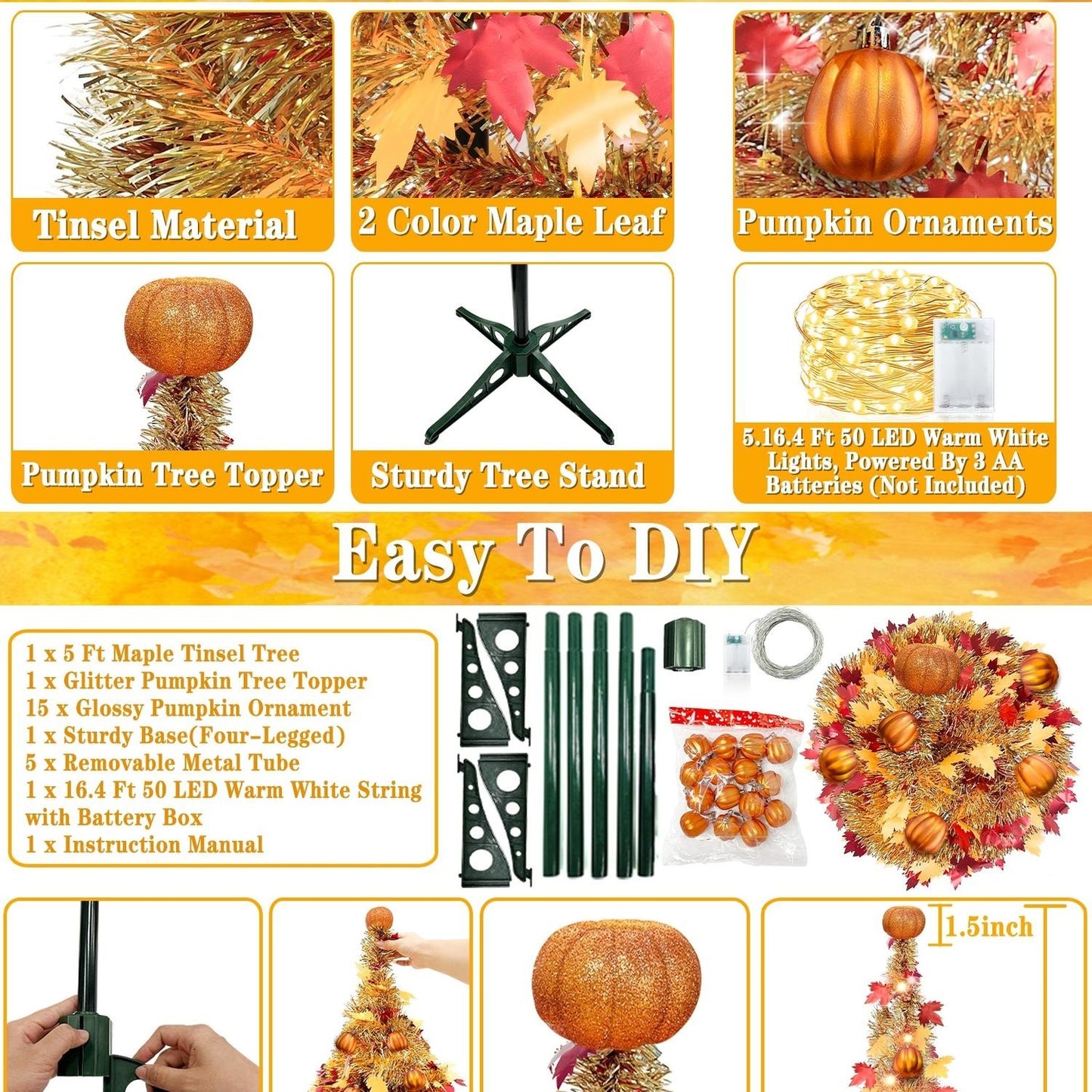 5 Ft Lighted Maple Leaf Tree, Waterproof Tinsel Fall Decoration with 50 Warm White LED Lights and Pumpkin Ornaments, Battery Operated Thanksgiving Decor