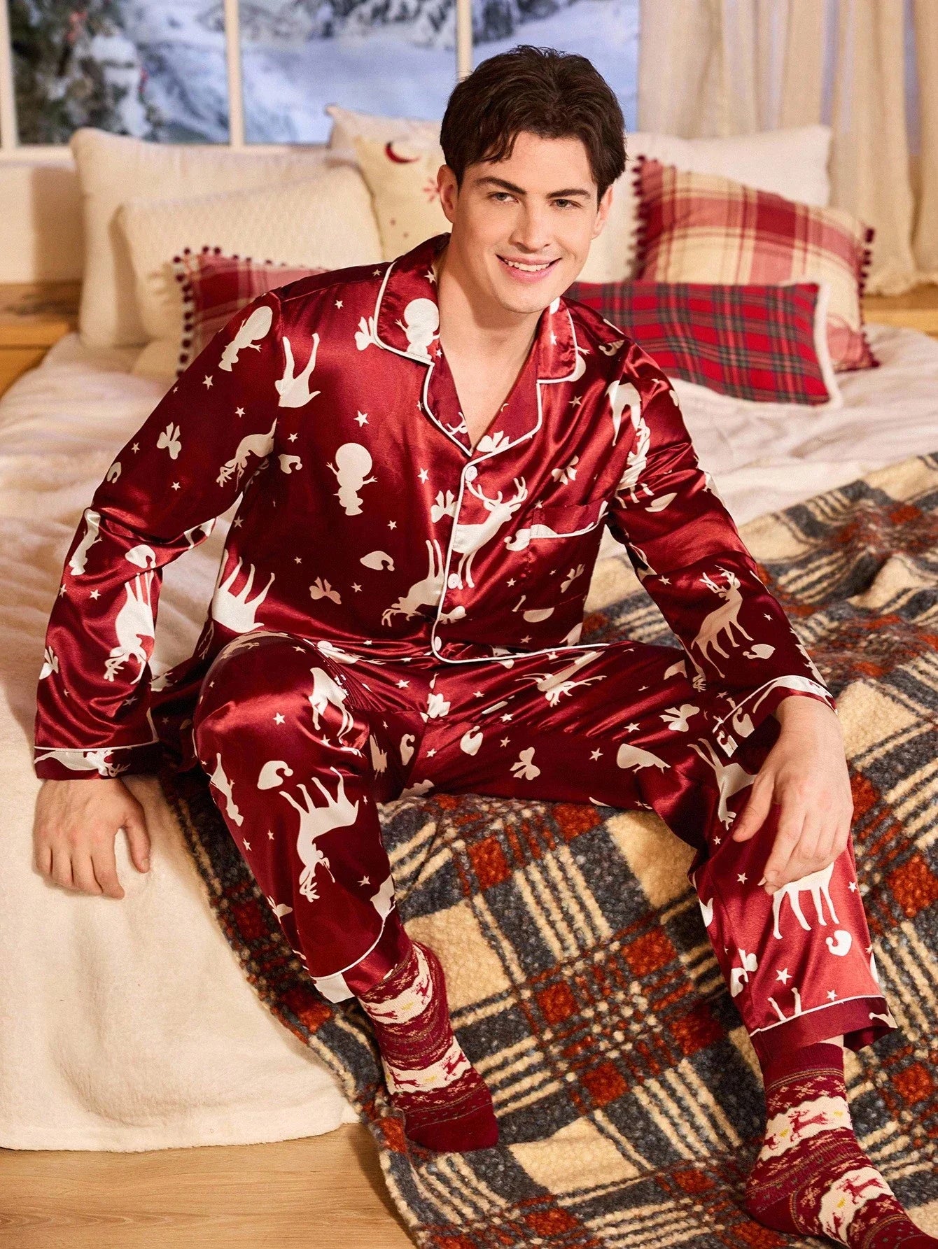 Burgundy Satin Pajama Set with Button Front Top and Loose Leg Pants