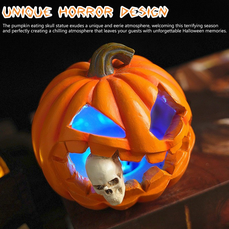Carved Jack O Lantern Ornament with Skull Insert and Resin Construction