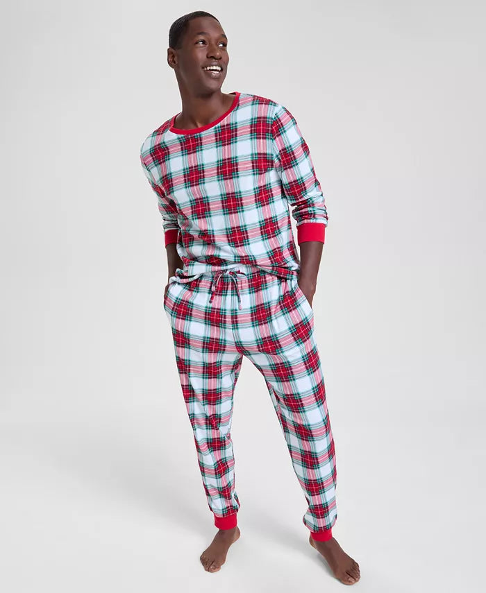 Plaid Flannel Pajama Set with Woven Cotton and Adjustable Drawstring, Long Sleeves