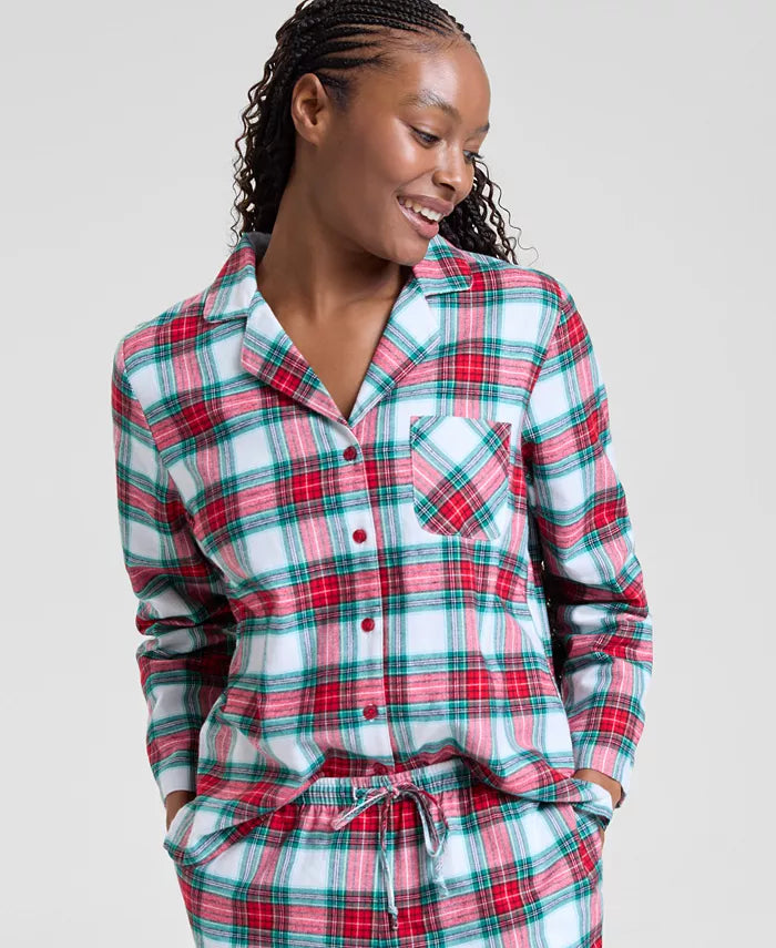 Plaid Pajama Set with Button Front Top and Drawstring Pants, Chest Pocket