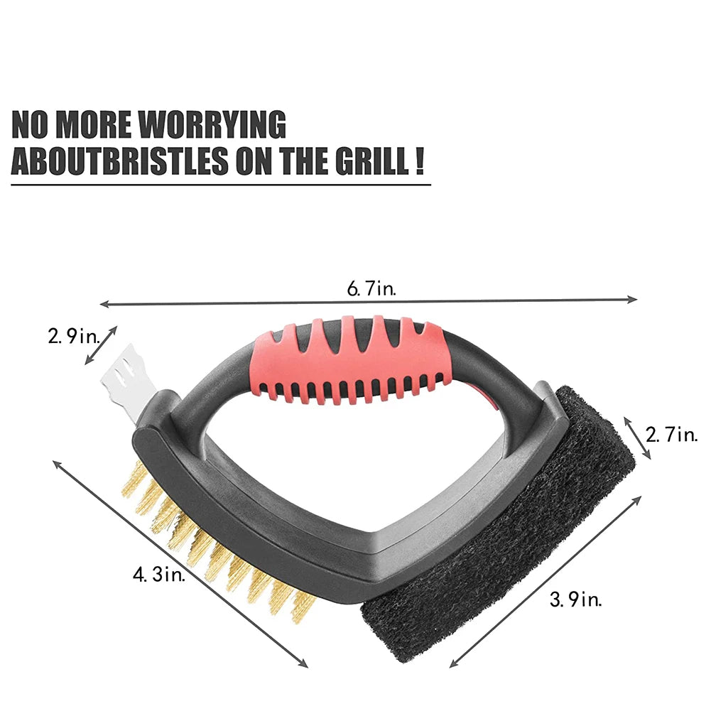 Grill Brush with Brass Bristles, Copper Scraper and Scouring Pad