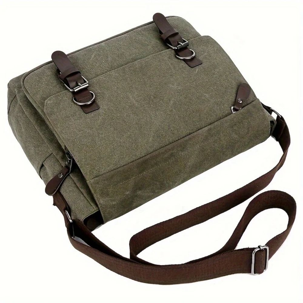 Canvas Messenger Bag with Laptop Compartment and Multiple Pockets, Adjustable Strap