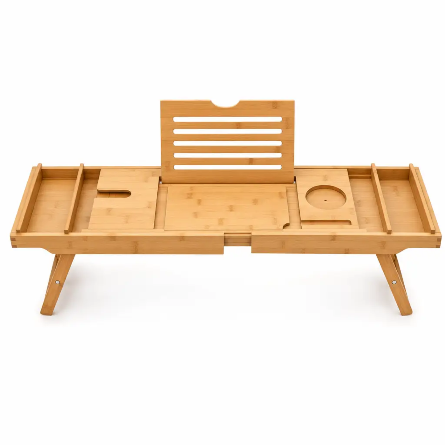 Expandable Bamboo Bathtub Tray with Device Compartments and Angled Tablet Holder