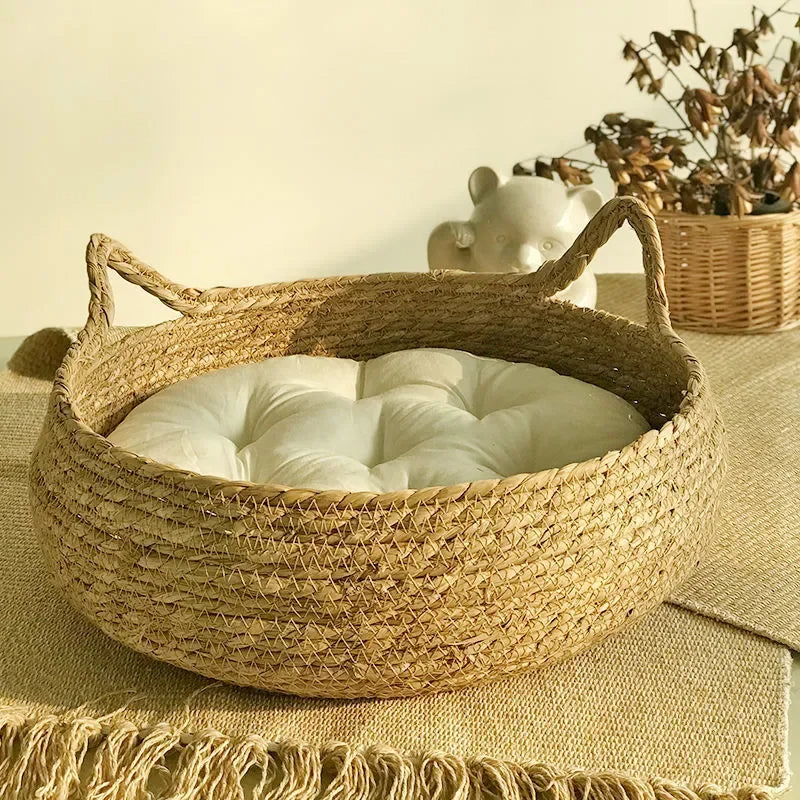 Woven Cattail Grass Cat Bed with Removable Seasonal Pad