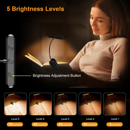 Rechargeable Book Light with Wide Horizontal Head and 360 Degree Flexible Neck, USB-C