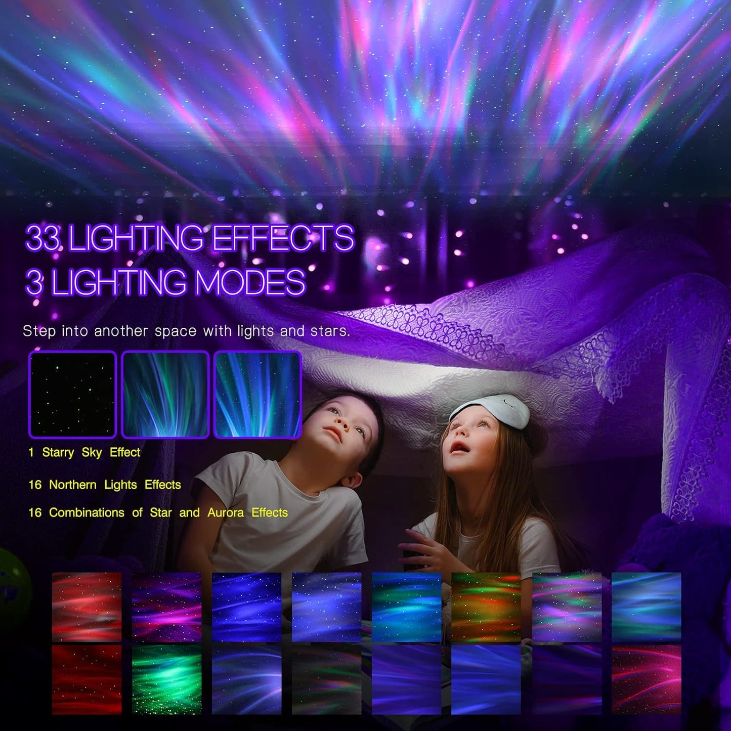 Night Sky Projector with Wireless Speaker and Remote Control, Dimmable Aurora Star Effects