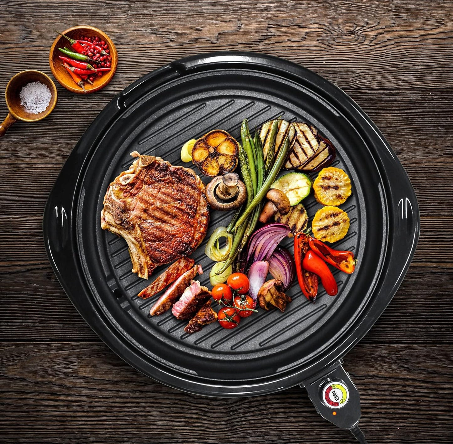 Indoor Electric Grill with 14-Inch Nonstick Plate and Glass Lid, Dishwasher Safe