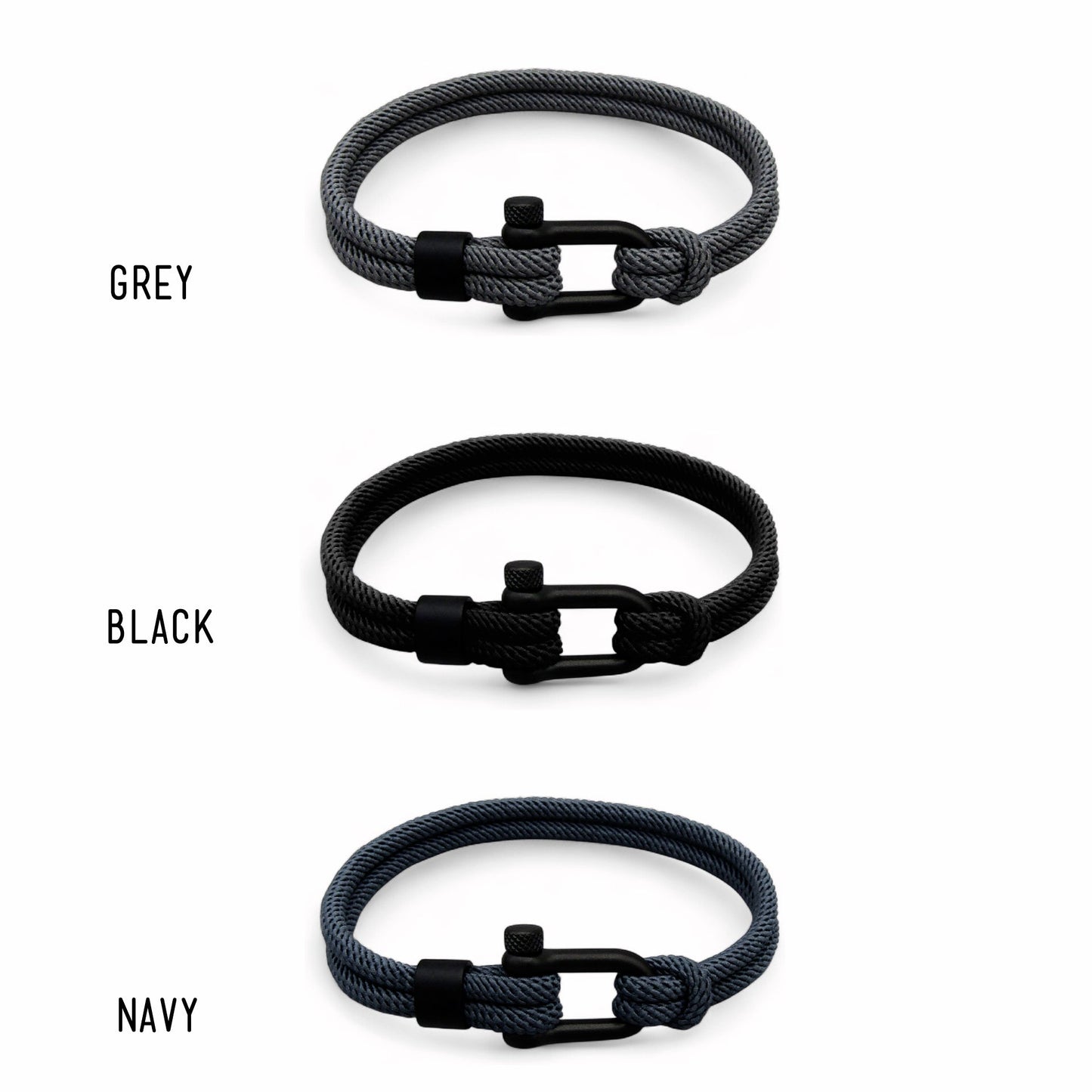 Three braided bracelets in grey, black, and navy with black clasp on a white background.