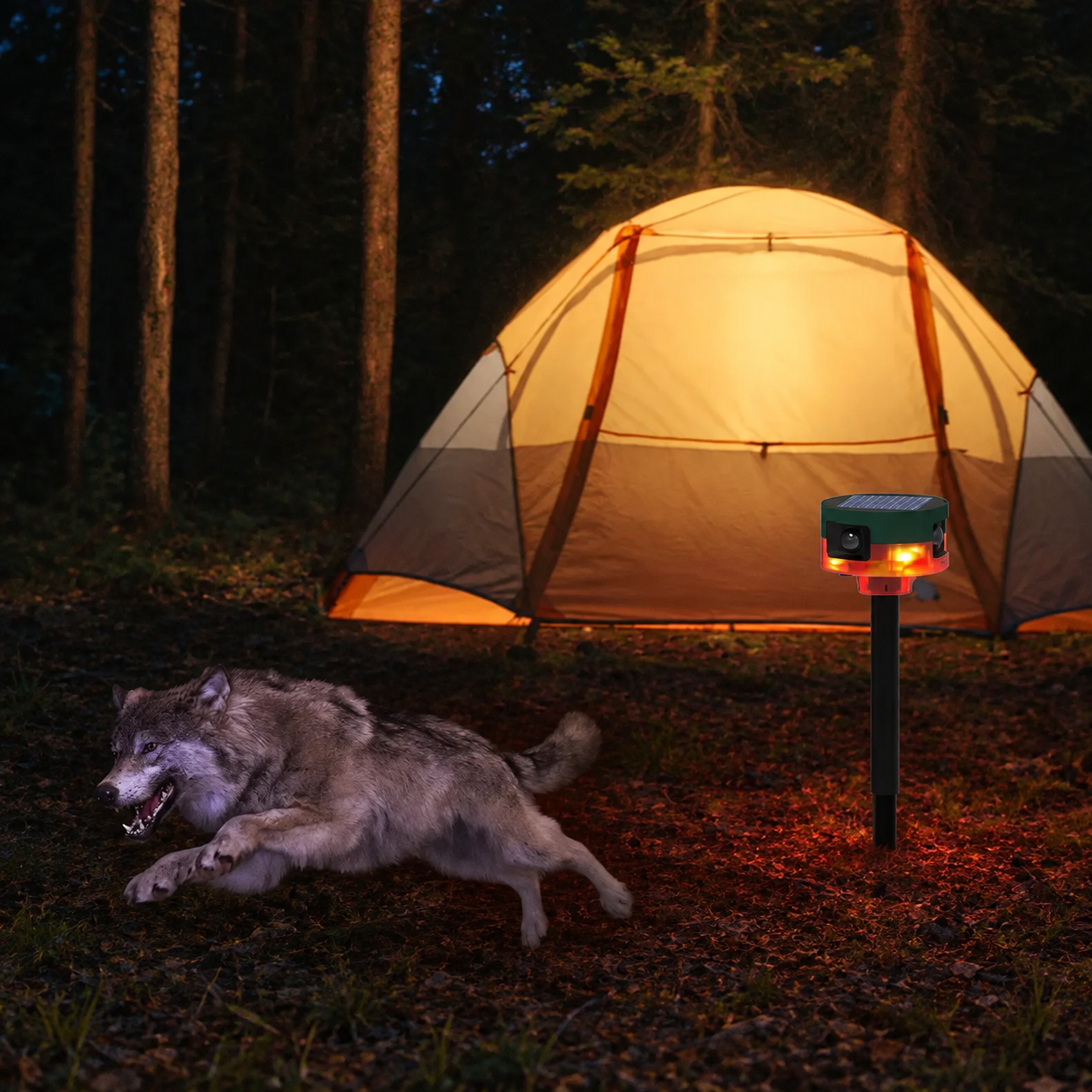 Solar Powered Wildlife Deterrent with 360 Degree Sensing, Strobe Lights and Varied Sounds