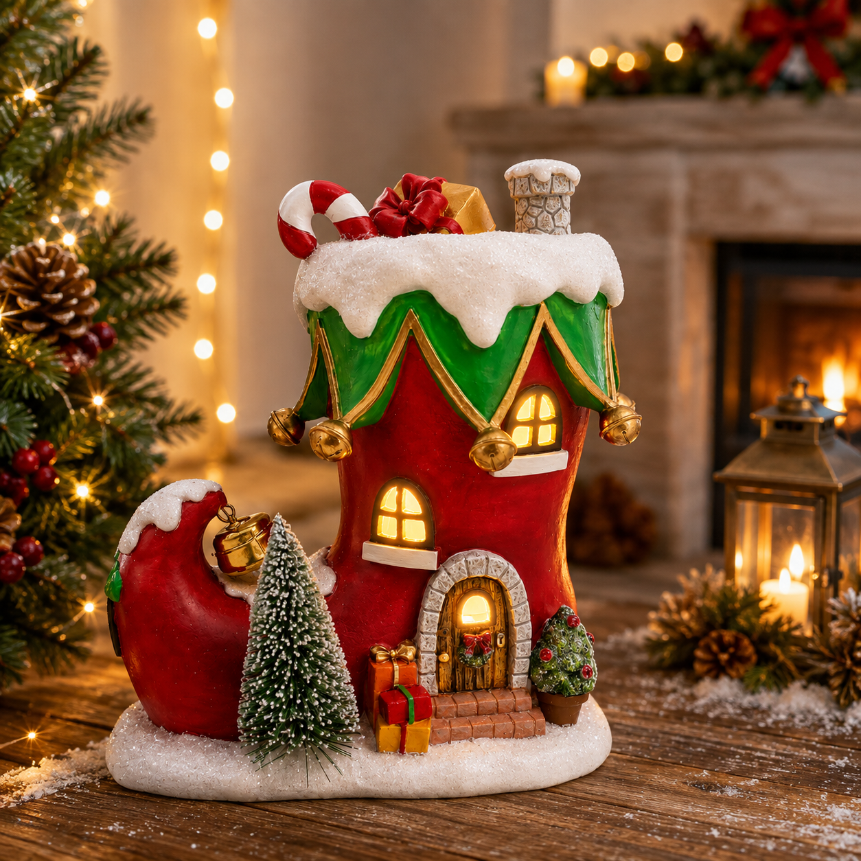 Lighted Resin Boot House with Built-In Window Lighting and Festive Molded Details