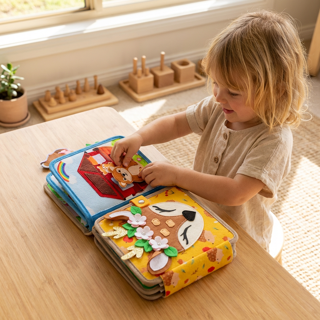 Tactile Fabric Activity Book with Interactive Elements and Movable Shapes