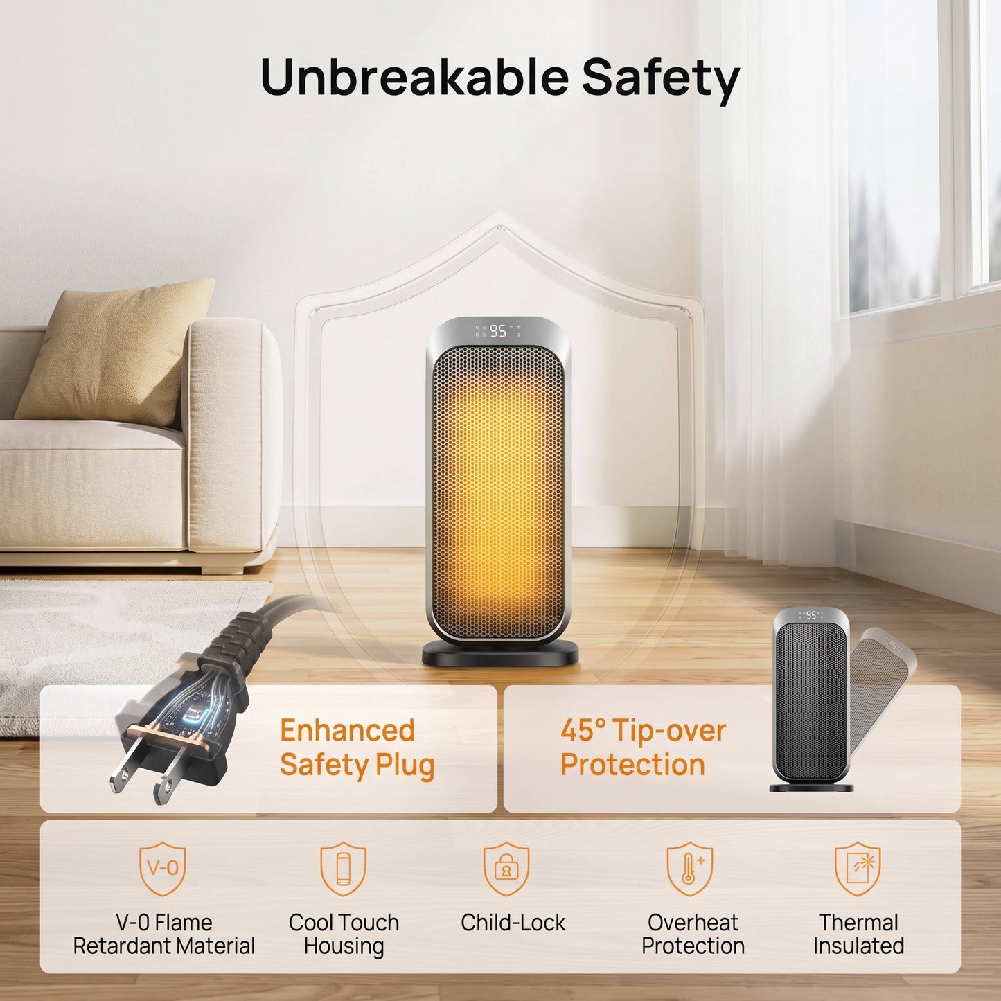 Quiet Portable Space Heater, Electric Indoor Heater with Remote Control for Home, Office and Bedroom