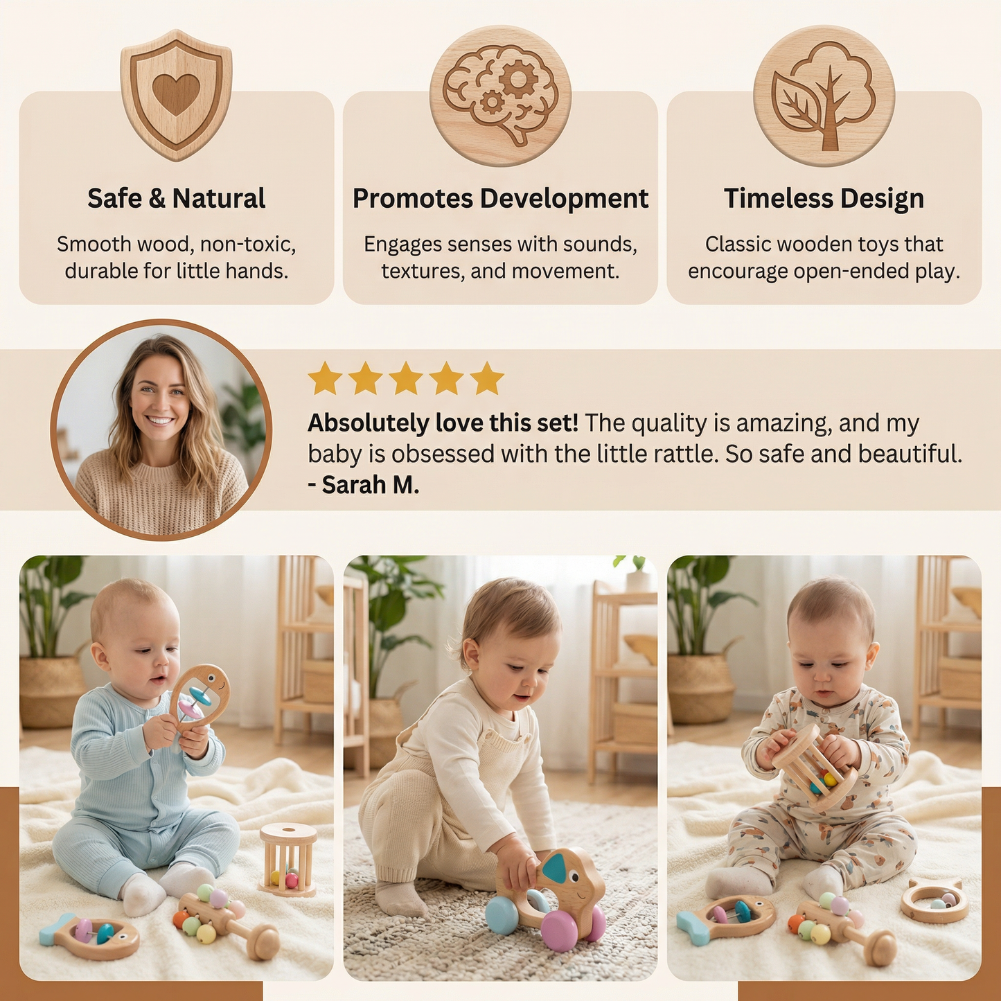 Wooden Baby Rattle Set with Soft Sounds and Multiple Shapes for Newborns
