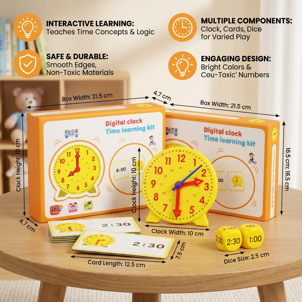 Interactive Time Teaching Clock with Movable Hands and Dice Game Cards