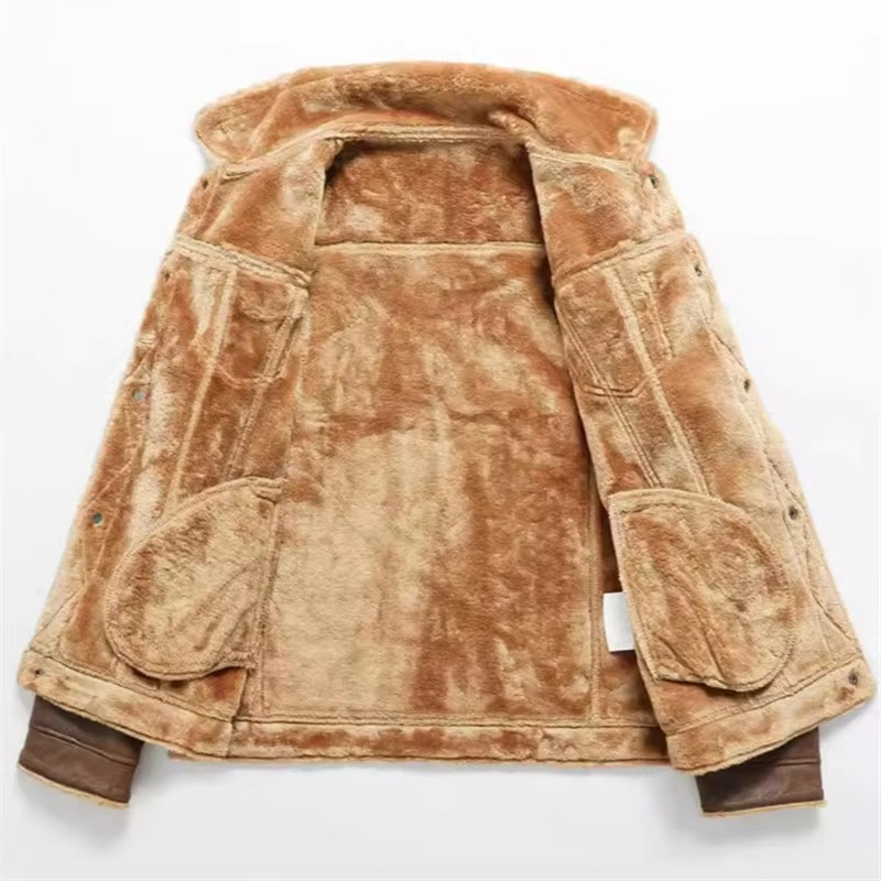 Mens Suede Winter Coat with Fleece Lining and Dual Zipper Button Closure