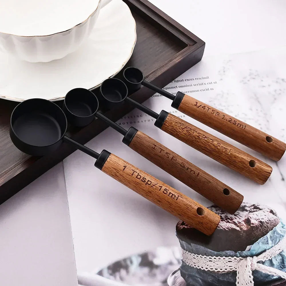 Measuring Cup and Spoon Set with Engraved Markings and Wooden Handles, 8-Piece