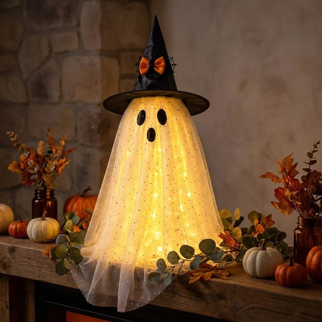 Battery Powered Ghost Decoration with Sparkly Tulle and Witch Hat, 23 Inches