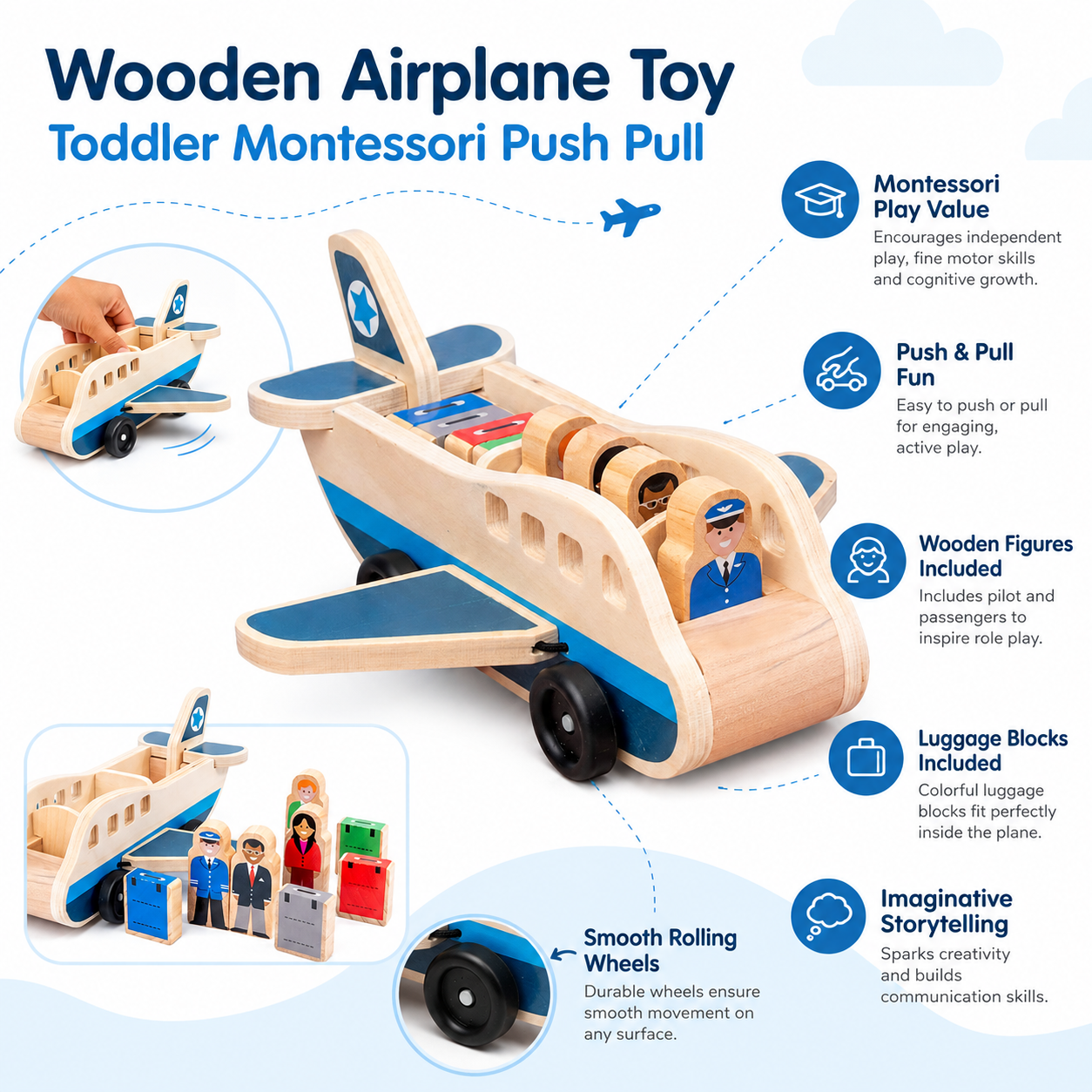 Wooden Airplane with Pilot Figures and Push Pull Action for Toddlers
