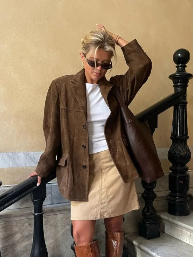 Women's Suede-Like Jacket with Tailored Lapel and Functional Pockets, Brown