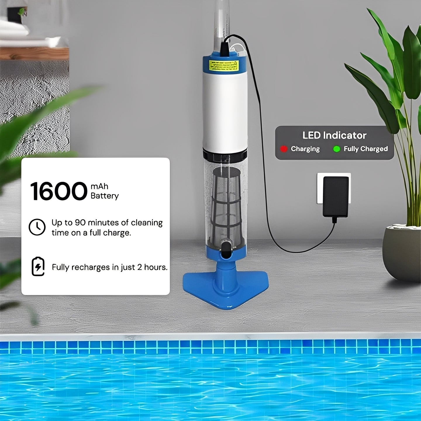 Rechargeable Pool Vacuum with Interchangeable Heads and Snap Attachment System