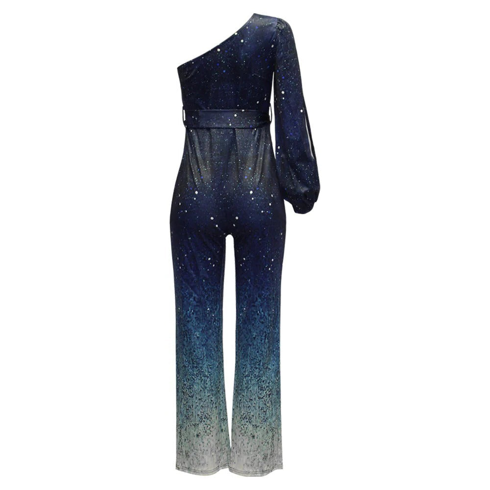 One Sleeve Disco Top with Floor Length Trousers and Asymmetric Shoulder Design