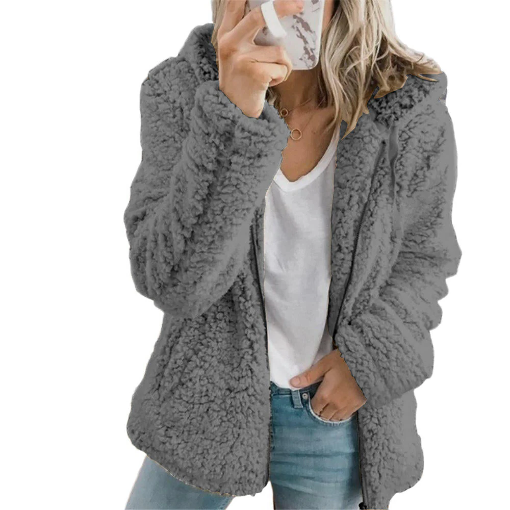 Fleece Coat with Bear Teddy Texture and Full Zipper, Side Pockets