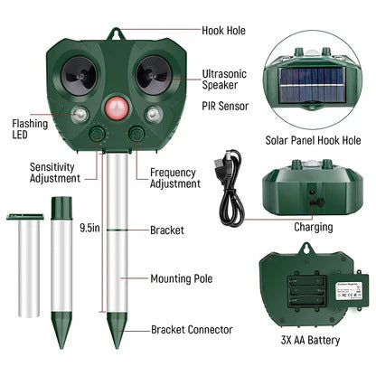 Solar-Powered Ultrasonic Bird Repeller for Outdoor Protection