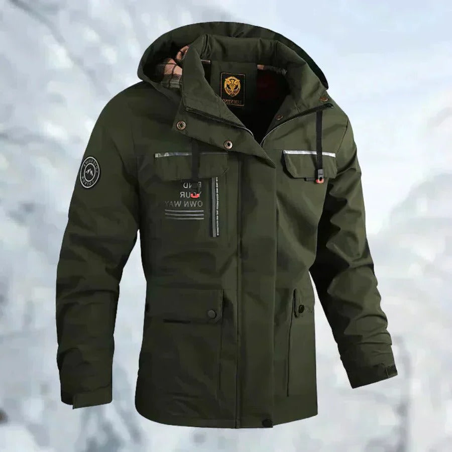Mens Outdoor Jacket with Adjustable Detachable Hood and Breathable Membrane, Multiple Zippered Pockets