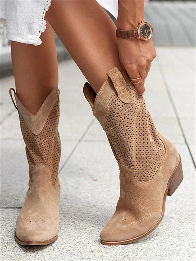 Mid Calf Cowboy Boots with Side Zipper Closure and Shaped Sole