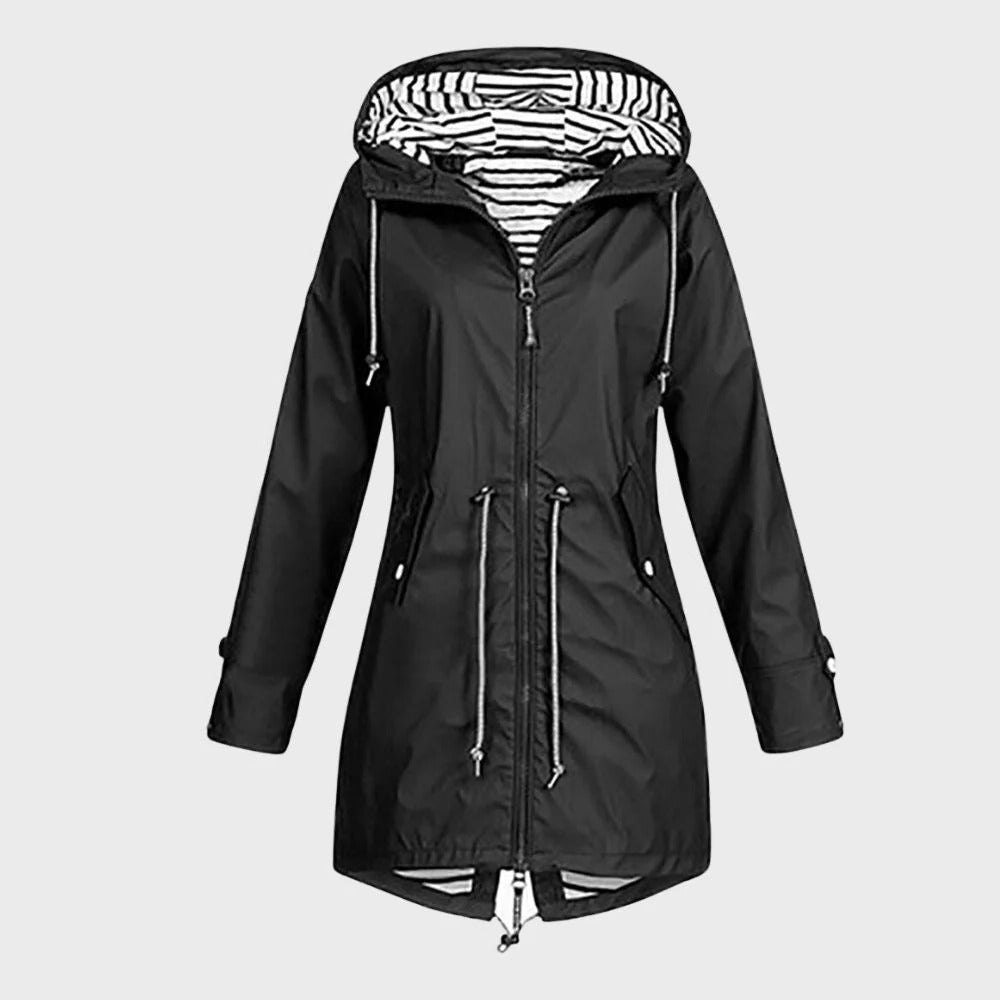 Women Long Hooded Rain Jacket with Adjustable Drawstring Hood and Water Repellent Fabric