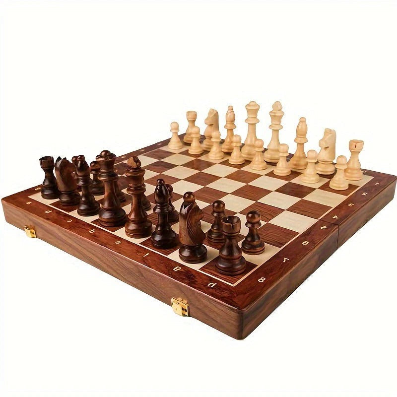 Chess Set with Solid Wood Board and 34 Carved Pieces, 15.7 x 15.7 in