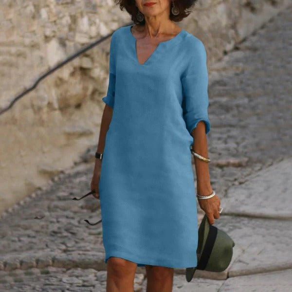 Loose Fit Pullover Dress with Three-Quarter Sleeves and Breathable Cotton Blend