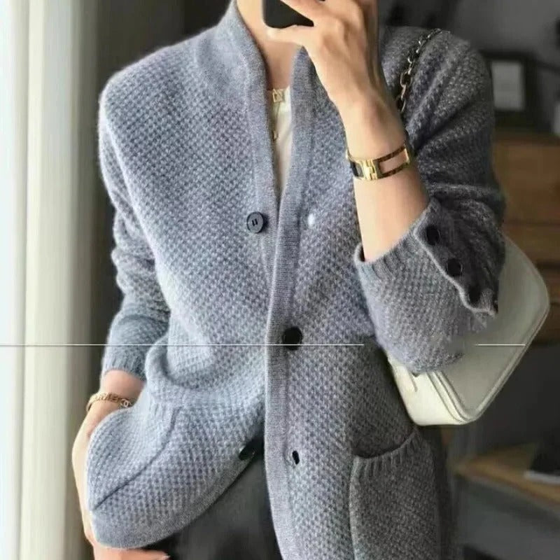 Insulated Sweater Jacket with Thick Knit and High Collar, Front Pockets