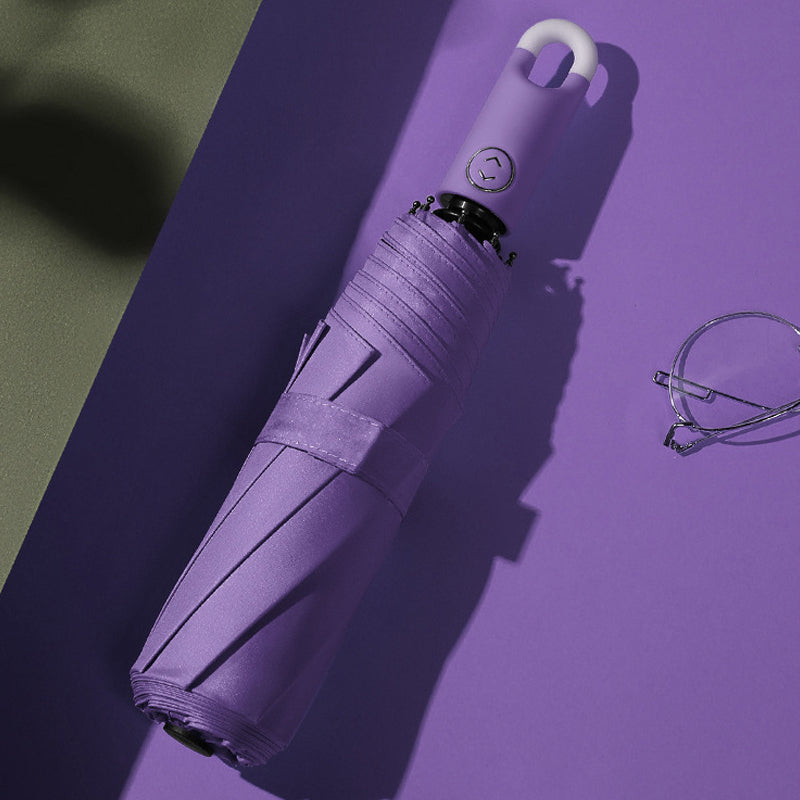 Button Activated Umbrella with 360 Degree Rotating Handle and Hook Storage Design