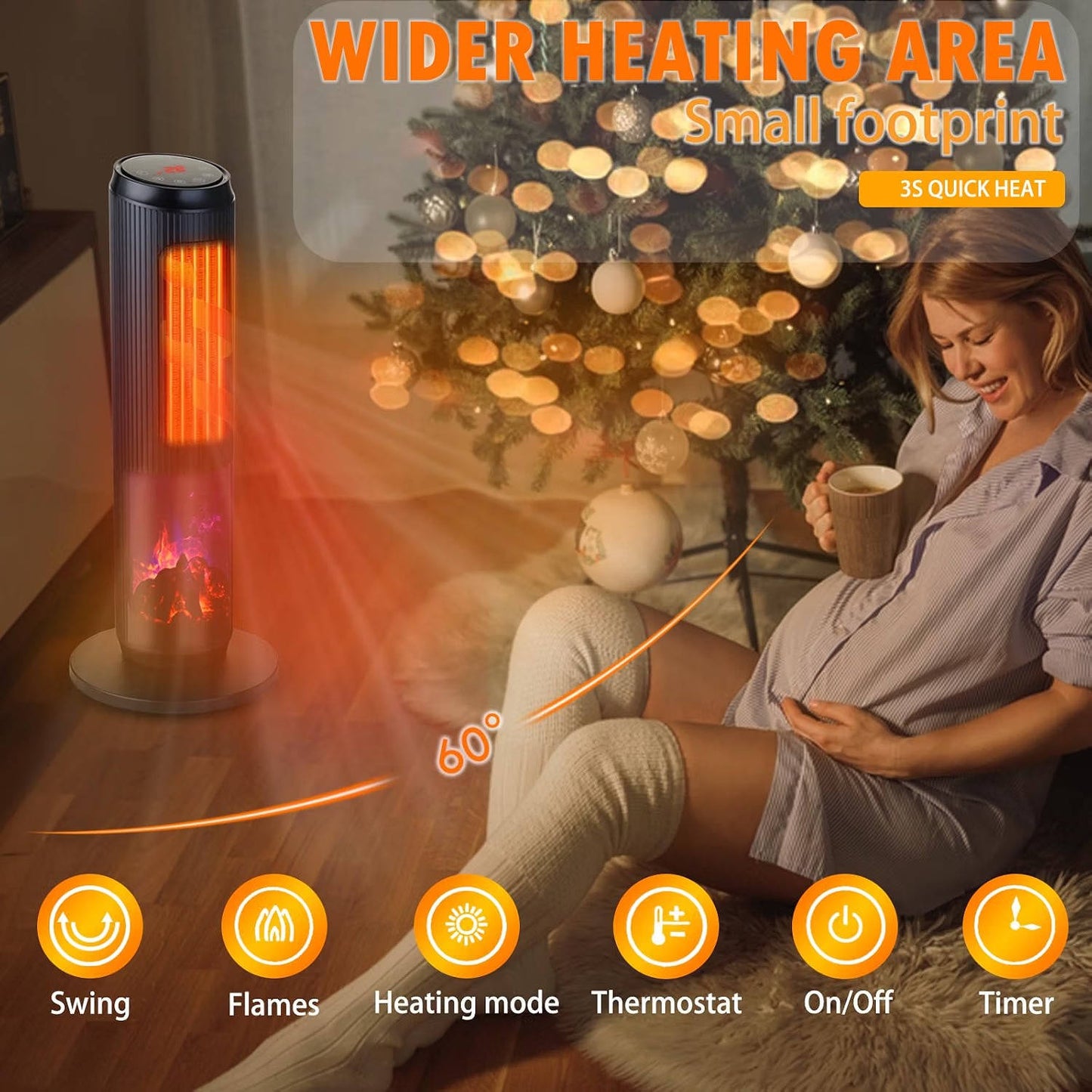27 inches Ceramic Tower Space Heater, Electric Heater for Large Rooms with 3D Flame, Oscillation and Remote Control