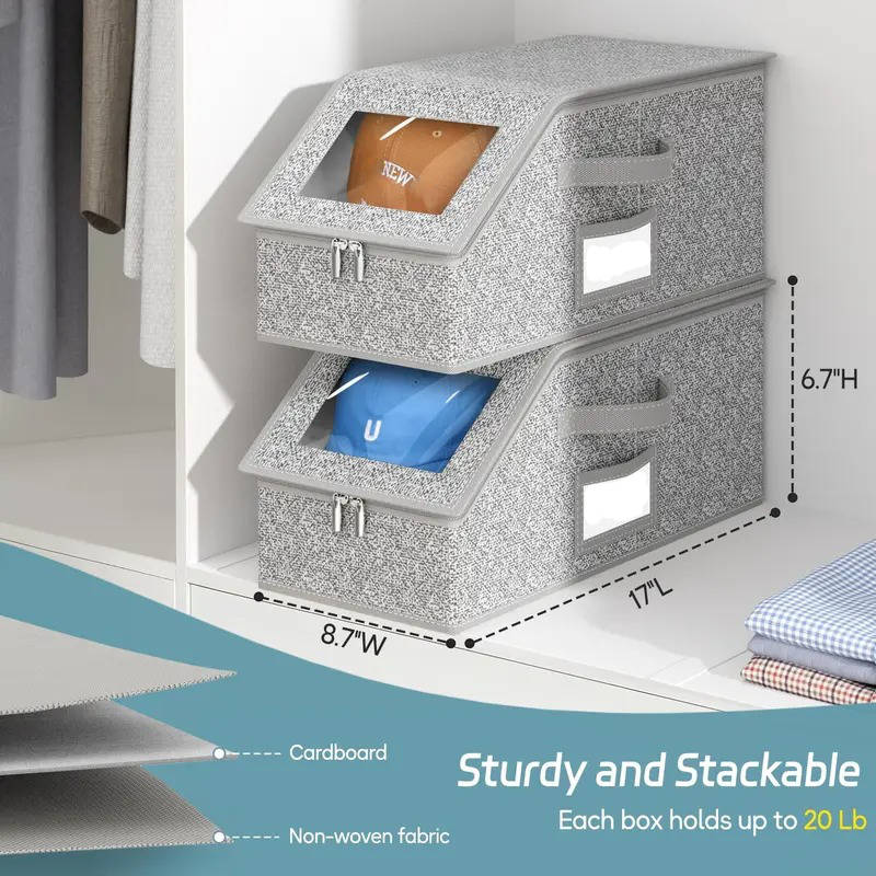 2 Pack Stackable Hat Storage Boxes, Holds 24 Baseball Caps, Durable Cardboard Wardrobe Organizer for Men's Hats