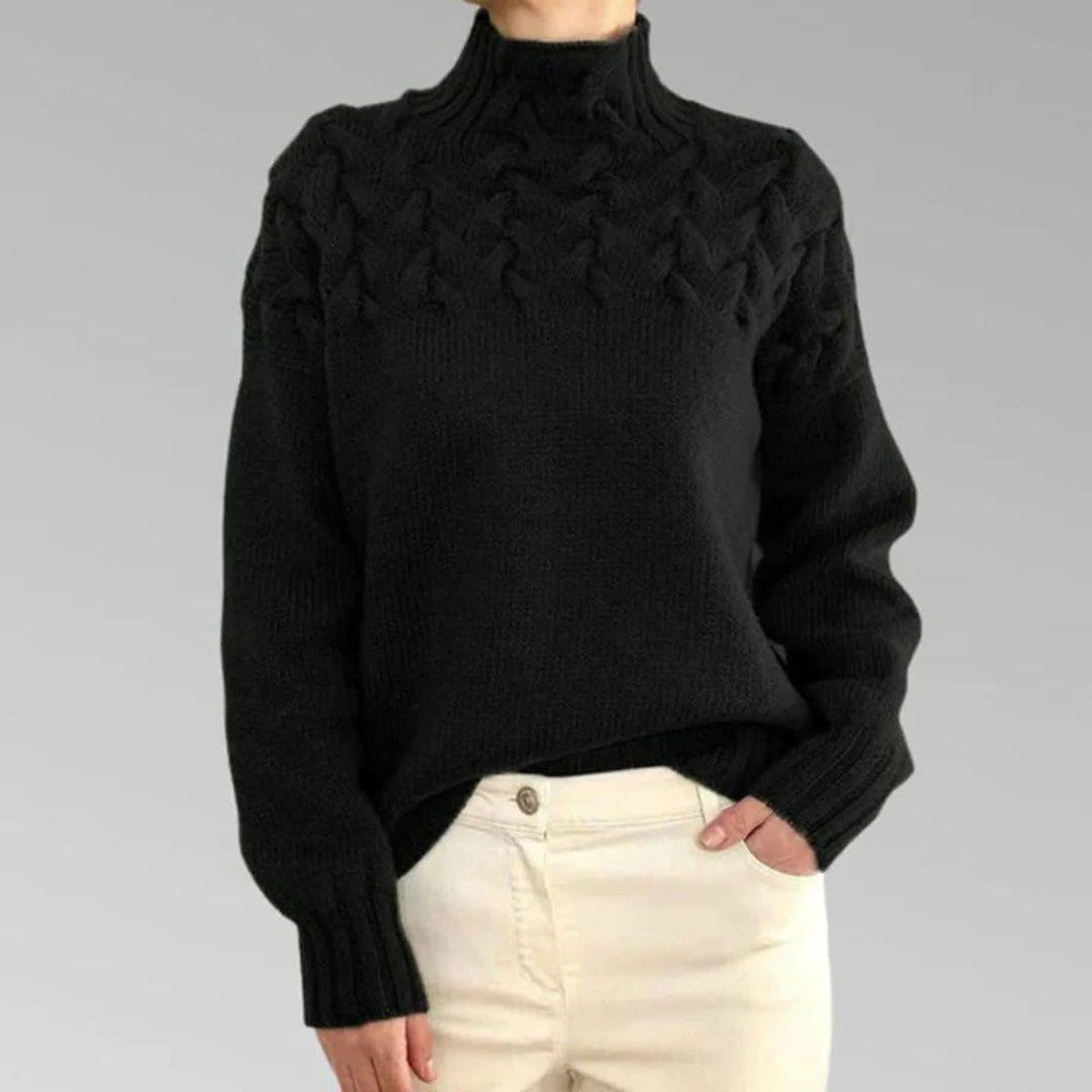 Turtleneck Sweater with Chunky Knit and Extended Hip Length