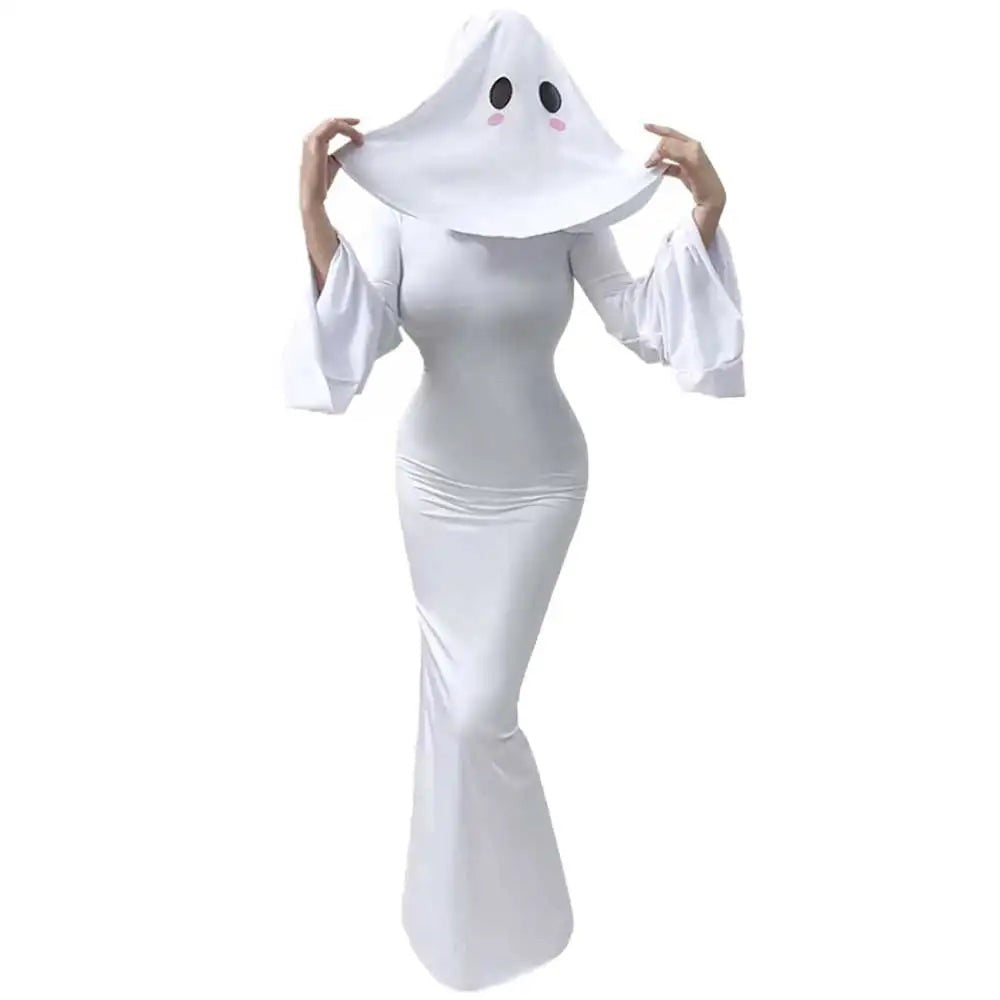 Ghost Bride Cosplay Costume with Sleeveless Ruched Mini Dress and Face Mask