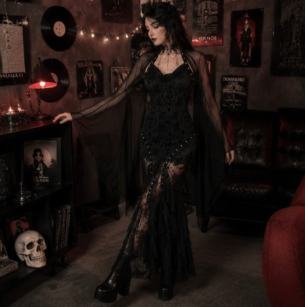 Women Gothic Lace Crop Top with Flared Bell Sleeves and Lace Up Front