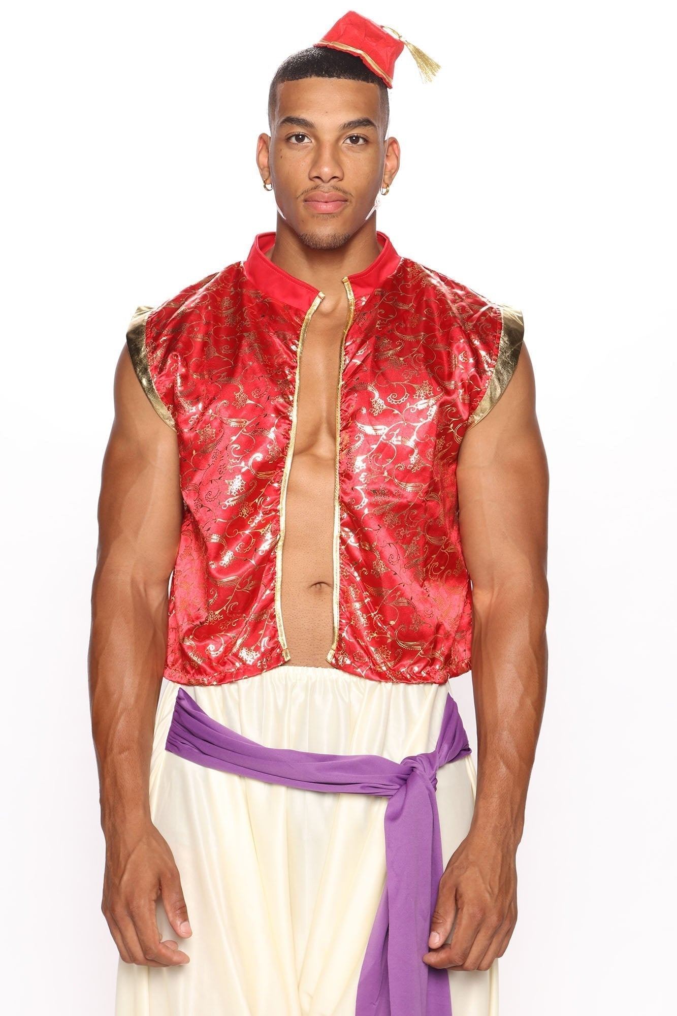 Mens Three Piece Royal Costume Set with Red Velvet Jacket and Decorative Trim