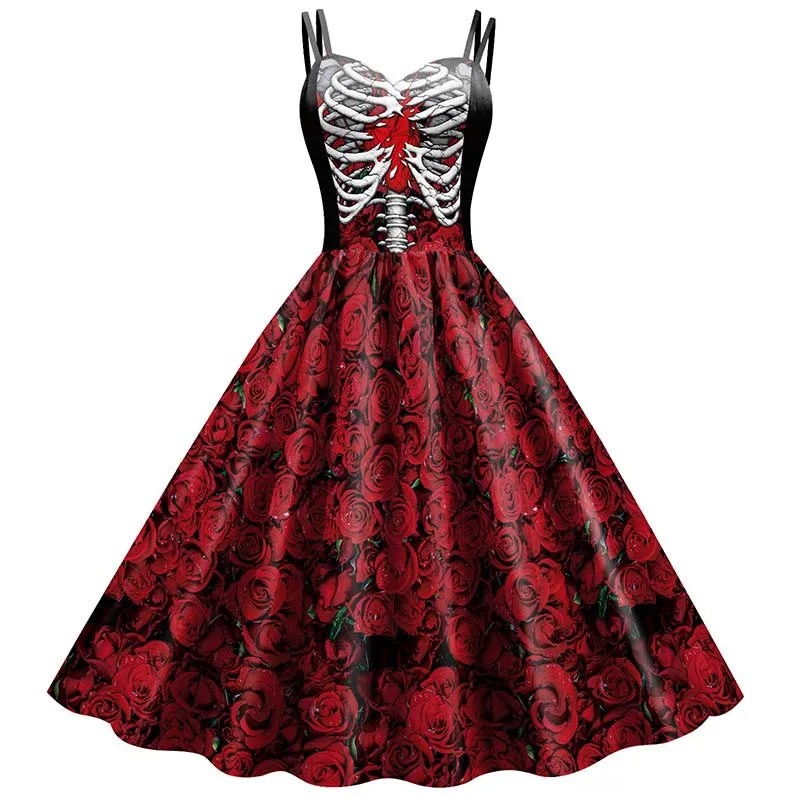 Gothic Skeleton Graphic Print Fit and Flare Dress with Round Neckline