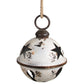 Large White Metal Jingle Bell Holiday Ornament with Star Cutouts and Hanging Jute Rope