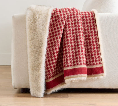 Reversible Houndstooth Fleece Throw Blanket with Soft Plush Faux Fur Backing