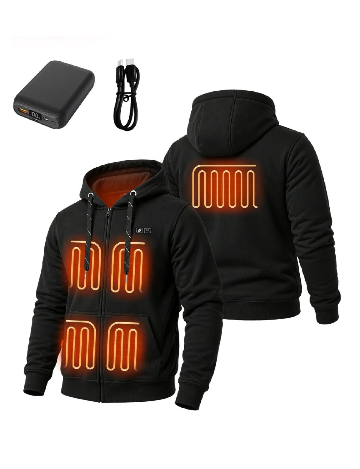 Mens Electric Heated Zipper Sweatshirt with Rechargeable Battery Pack and Dual Heating Zones