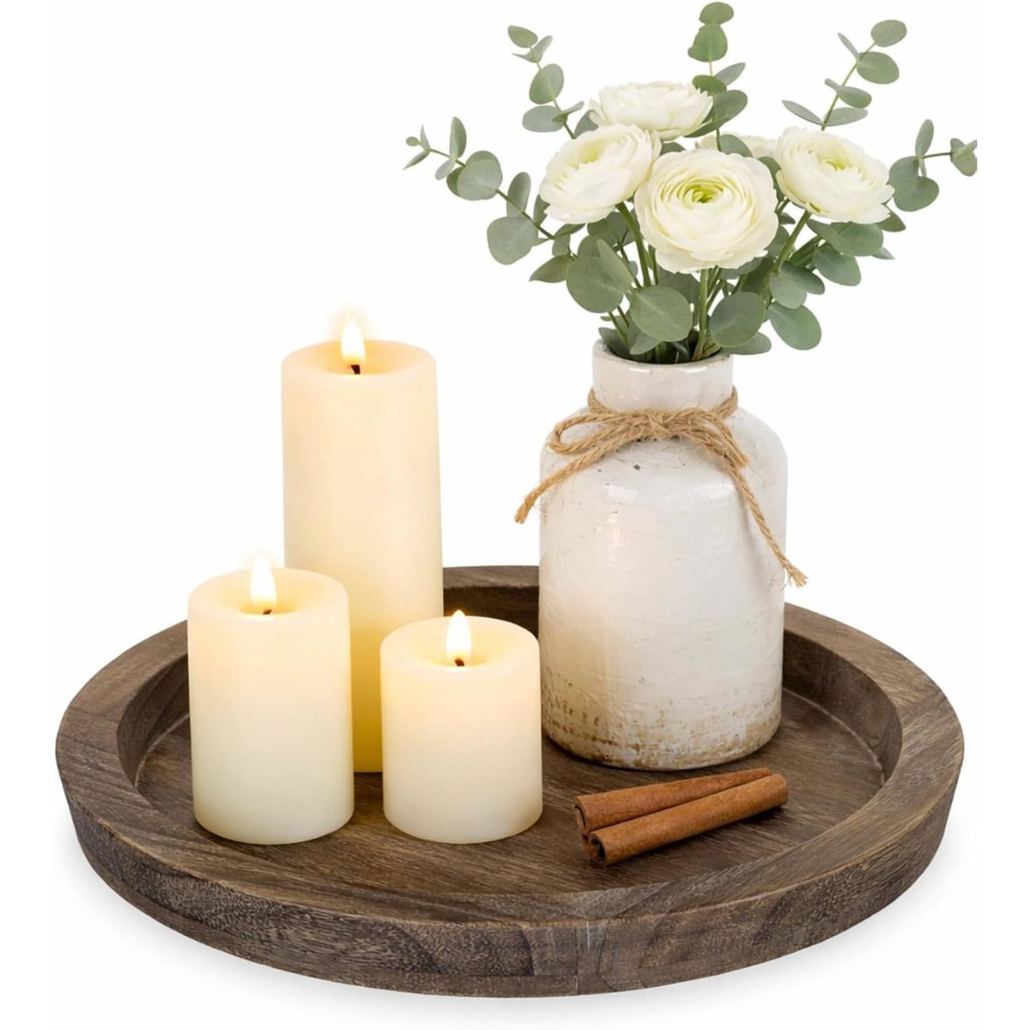 Round Wooden Candle Holder Tray, Distressed Finish Decorative Centerpiece for Coffee Table, Rustic Farmhouse Home Decor