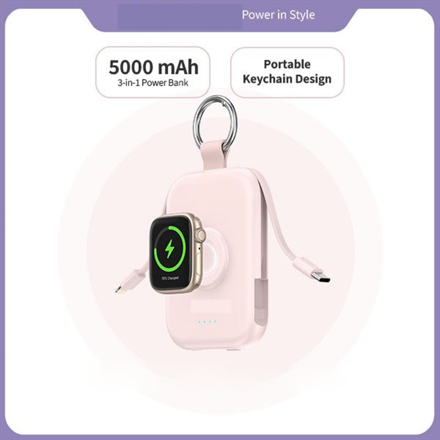 5000mAh Portable Power Bank, Compact Charger with Built In Cables