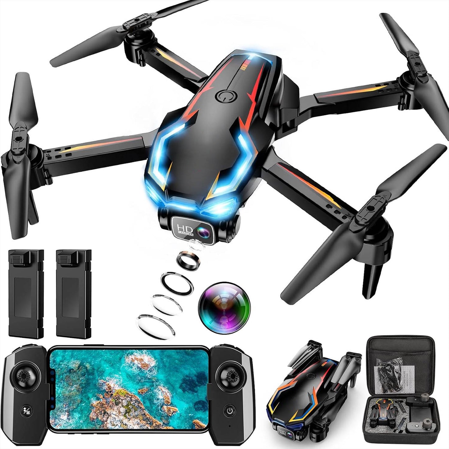 2K HD FPV Drone with Camera, Foldable RC Drone with Altitude Hold, 3 Speed Modes, 2 Batteries for Adults and Beginners