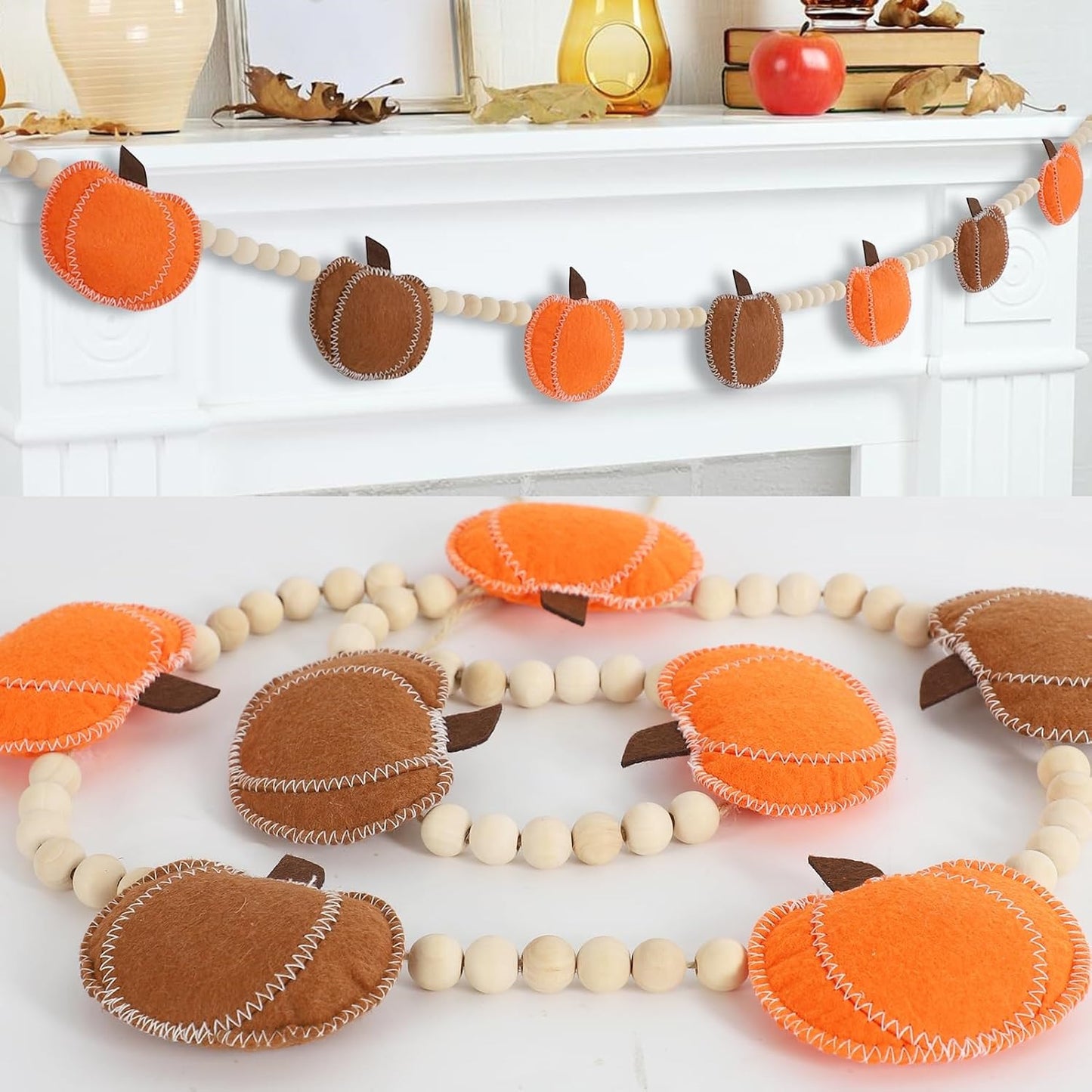 Felt Pumpkin Bead Garland, Fall and Thanksgiving Decorations for Mantel, Fireplace, Table Centerpiece and Autumn Home Decor
