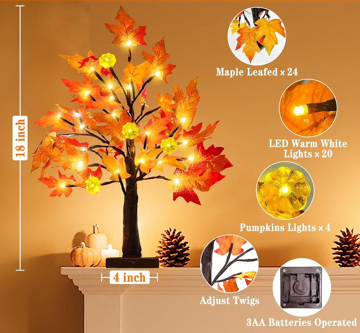 2 Pack 18 Inch Prelit Fall Maple Trees, 48 LED Lighted Maple Leaf Trees for Thanksgiving Table and Autumn Home Decor
